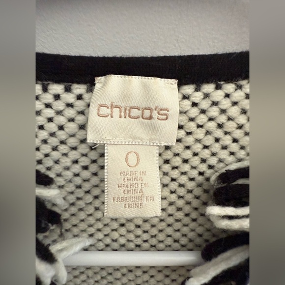 Chicos Open Front Knit Vest Woman’s SZ 0 Black White Fringe Wool Blend Long - Picture 2 of 9
